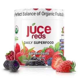 Terra Kai Organics JUCE Reds Organic Superfood Powder - Garden Berry Flavor | Fruit & Veggie Powder for Everyone w/64 Immune Boosting Superfood Plus Probiotics for Gut Health | 20 Servings (230g)