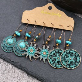 Unbranded 3 Pairs/Set Bohemian Boho Earrings Hook Drop Dangle - Teal, Starfish, Mandala #1
