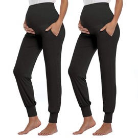 AMPOSH Women's Maternity Pants Stretchy Lounge Workout Pants Casual Loose Comfy Pregnancy Joggers with Pockets(Black/Black, XL)