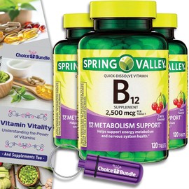 Spring Valley Vitamin B12 Quick Dissolve Tablets 2500 Mcg B Vitamins Complex 120 Ct 3 pk (360 Total) + Vitamin Vitality & Pill Container (5 Items)!