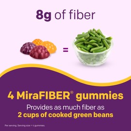 MiraFIBER Gummies from the Makers of MiraLAX, 8g of Daily Fiber Per Serving, Metabolism Support with B Vitamins, Gut Health for Men & Women, Prebiotic Fiber Gummies for Adults, Mixed Fruit Flavor 72Ct