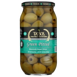 Tassos Green Pitted Mammoth Greek Olives (35.27oz) 1 Liter Jar