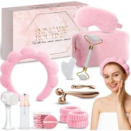 Kit de Skincare Completo Rosa con Rodillo Facial de Jade Piedra Gua Sha Diadema Muñequeras Cepillo Limpiador Facial y Cosmetiquera de Viaje