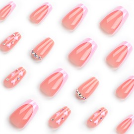 Pink French Tip Glue on Nails - False Nails with Rhinestones, Heart Design, Valentine's Day, Acrylic, Glossy, Stick on, Square, Medium, 24 Pcs