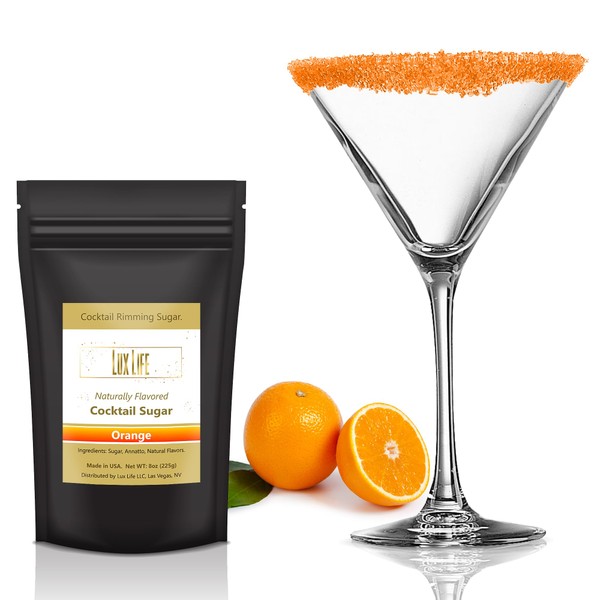 Cocktail Rim Sugar - All-Natural Fruit & Veg Coloring, Gluten-Free Vegan GMO-Free (Orange Zesty Flavored, 8oz)