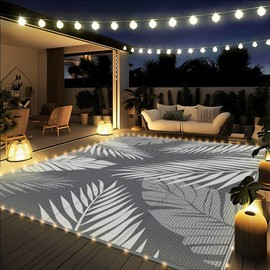GENIMO Outdoor Rug 8' x 10' Waterproof for Patios Clearance, Reversible Outdoor Plastic Straw Camping Rug Carpet with LED String Light, Area Rugs Mats for RV, Camper, Deck, Balcony, Porch, Grey&White