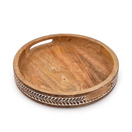 BHAVATU Serving Tray Mango Wood Round Wood Tray Serving Platter, Tray Organizer for Kitchen/Countertop (12" x 12" x 1.6")