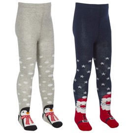 Kids Girls Cotton Rich Novelty Xmas Tights Penguin Santa Designs Christmas 2 Pack 5-6