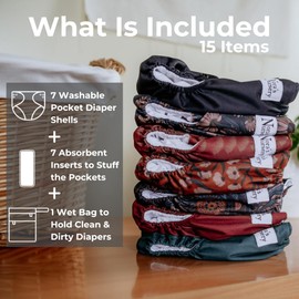 Nora's Nursery AWJ Cloth Diapers 7 Pack with 1 Wet Bag - Waterproof Cover, Washable, Reusable & One Size Adjustable Pocket Diapers for Newborns and Toddlers - Dahlia