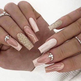 French Tip Press on Nails Medium Fake Nails with Golden Glitter & Rhinestones Designs Acrylic Nails Press ons Glossy Glue on Nails Ballerina Artificial Stick on Nails for Women 24Pcs