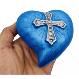 BLUE Decorative Religious Cross HeartUrns for Women \ Men Handcrafted Keepsake