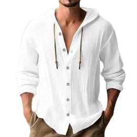 KBBYT LUNAACTIVE Men's Casual Button Down Shirt with Drawstring, White, Cotton, White, XX-Large