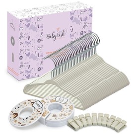 Babyrish Velvet Baby Hangers with 10x Clips and 8X Dividers (30 Pack) | 11” Ultra-Slim Baby Clothes Hangers | Non-Slip Felt | Space-Saving Nursery & Infant Closet Organizer | Beige