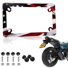 Motorcycle American Flag License Plate Frame - Stainless Steel Patriotic Matte Stripe US Flag Gloss License Plate Frame Holder Cover Tag Frames for Motorcycle