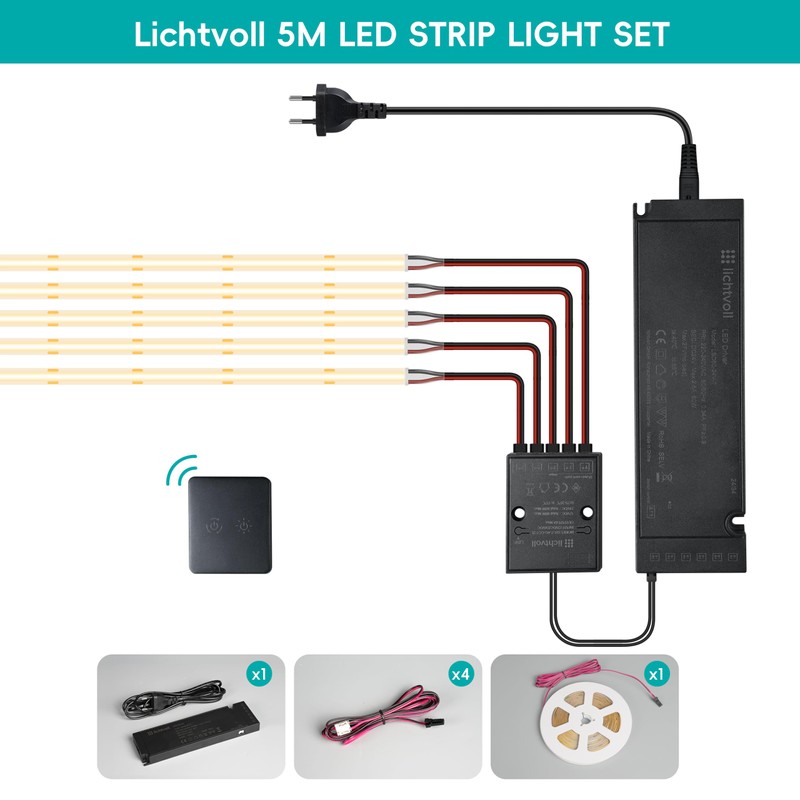 lichtvoll 24V COB LED Strip 5M - 480LEDs/m, Flicker-Free Ultra