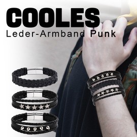 JJDreams 6pcs Punk Bracelet Men's Bracelets Set Black Leather Bracelet Gothic Braided Bangle Leather, 23 inches, Faux Leather, No Gemstone