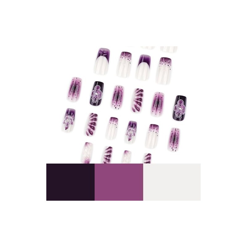 Uñas postizas francesas con flores moradas, acrílicas, largas, cuadradas, de