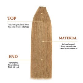 Lovrio Silky Straight Human Hair Tape In Extensions Strawberry Blonde #27 Double Sided Soft Hair for Full Head 50 Gram 18 Inch 20 Pieces