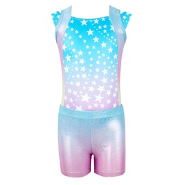 Gogokids Girls Three Piece Gymnastics Set Sleeveless Leotards with Shorts and Headband Glitter Ballet Dance Unitards - Gymnastics Outfit with Gradient Design for 3-12 Years, pink