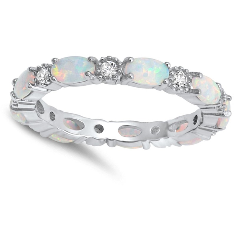 Clear CZ Oval White Simulated Opal Ring Sterling Silver Stackable