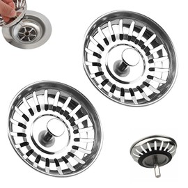 KASESSS Pack of 2 Drain Strainers, Kitchen Sink, Diameter 78 mm, Sink Plug, Drain Plug with Strainer, Universal Accessories for Kitchen Sink, Strainer, Stainless Steel Strainer for Sink, Antiblocking