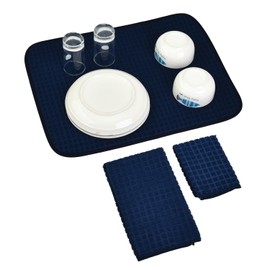Trio Home® 3pc Microfiber Set, Lint Free Towels, Super Absorbent Ventilation Mesh Dish Drying counter Pad for Pots & Pans, Dishes, Utensils, Cloths for Kitchen, Bathroom, Car Washing, Reusable (Navy)