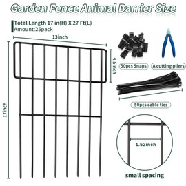 ULIOK Animal Barrier Fence, 25 Panels No Dig Fence, 27ft(L) x 17in(H) Dog Fencing Rabbit Fences, 1.52in Spike Spacing Rustproof Metal Fences Border for Outdoor Yard with Cable Ties and Cutting Plier
