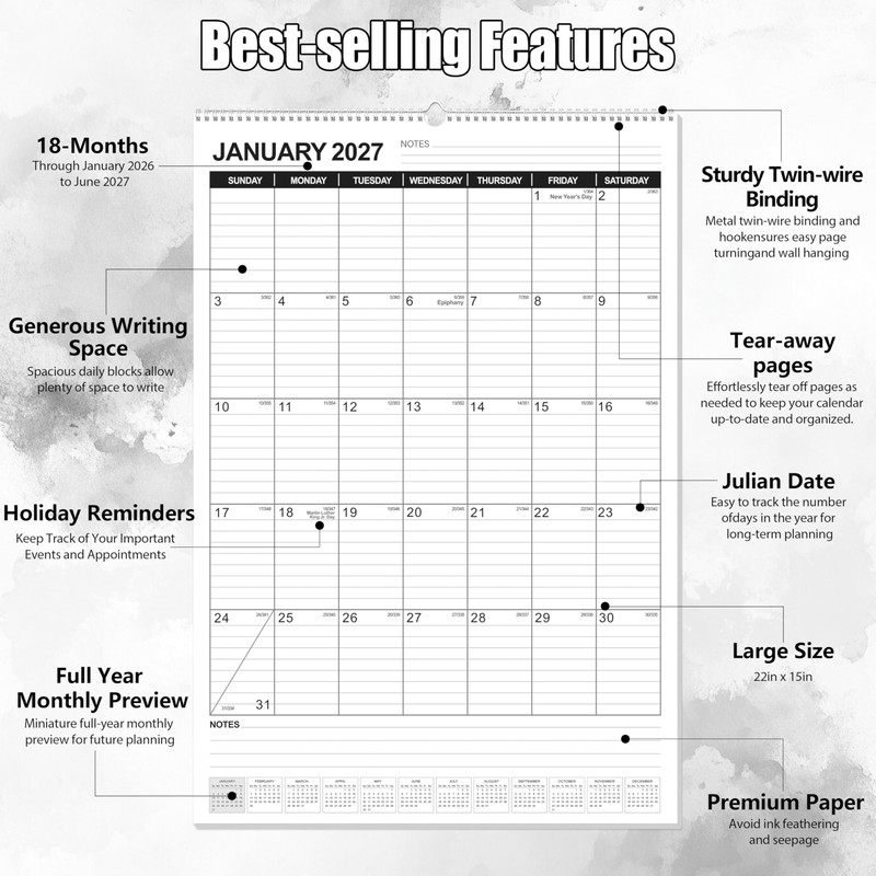 OuMuaMua Wall Calendar 2026, 18-Month Vertical Wall Calendar 2026-2027, 22"