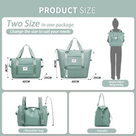 FIORETTO Womens Expandable Gym Tote Bag Duffle Bag with Wet Pocket, Travel Bag Weekend Overnight Bags with Double Shoulder Strap, Water-resistant Carry On Bag Hospital Holdalls for Women Green