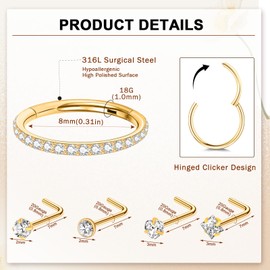 ONESING 5Pcs Gold Nose Rings for Women, 20G Nose Studs L Shaped and 18G Nose Hoops Hypoallergenic Stainless Steel Nose Piercings Jewelry Silver Nose Jewelry Septum Helix Cartilage Lip Body Piercings for Women Men