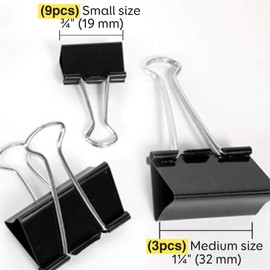 BAZIC Binder Clips Assorted Size Black, Small Medium Large Paper Clamps Paper Clip, Paperclips for Office School Supplies Home (12/Pack), 24-Packs