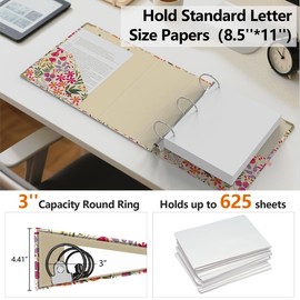3 Ring Binder 3 Inch, Cute Decorative Hardcover Low Profile Clipboard with Storage, 3'' Round Ring Binders for Letter Size Paper, Durable Binder Organizer for School Office Supplies(Pink Floral)