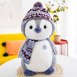 Herfair Penguin Cuddly Toy, Penguin Plush Doll with Hood, Penguin Stuffed Toy Cuddly Toy Gift (27 cm, Grey)