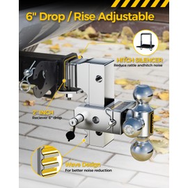 Aluminum Adjustable Trailer Hitch, 6 in Drop & Rise Hitch Fits 2 Inch Receiver, 12500 LBS GTW, rustproof and Noise Reduction Design（1-7/8 & 2 & 2-5/16）, Suitable for Trucks, RVs and Trailers