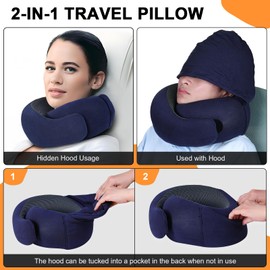Vzpeun Travel Pillow - Hooded Neck Pillow Airplane Memory Foam Filling for Plane, Office, Cars Sleeping, Road Trip, Long Flights, Portable Plane Accessories, Includes Eye Mask & Earplugs (Navy)