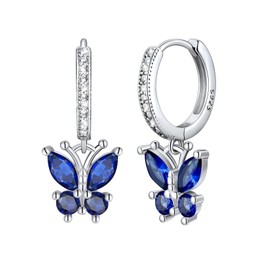 Butterfly Silver Earrings - 925 Sterling Silver Girls Dangle Earrings Sapphire September Birthstone Butterfly Hoop Earrings for Women Teen Girls