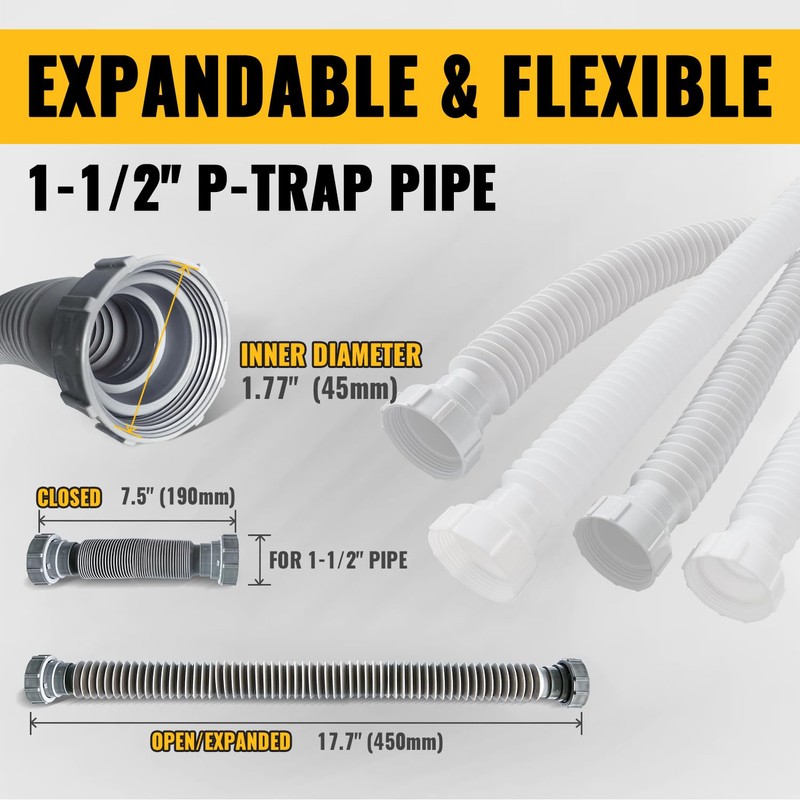 VIVIDA Sink Drain Pipe 1-1/2", Flexible Drain Pipe, 7.5"-17.7" Expandable