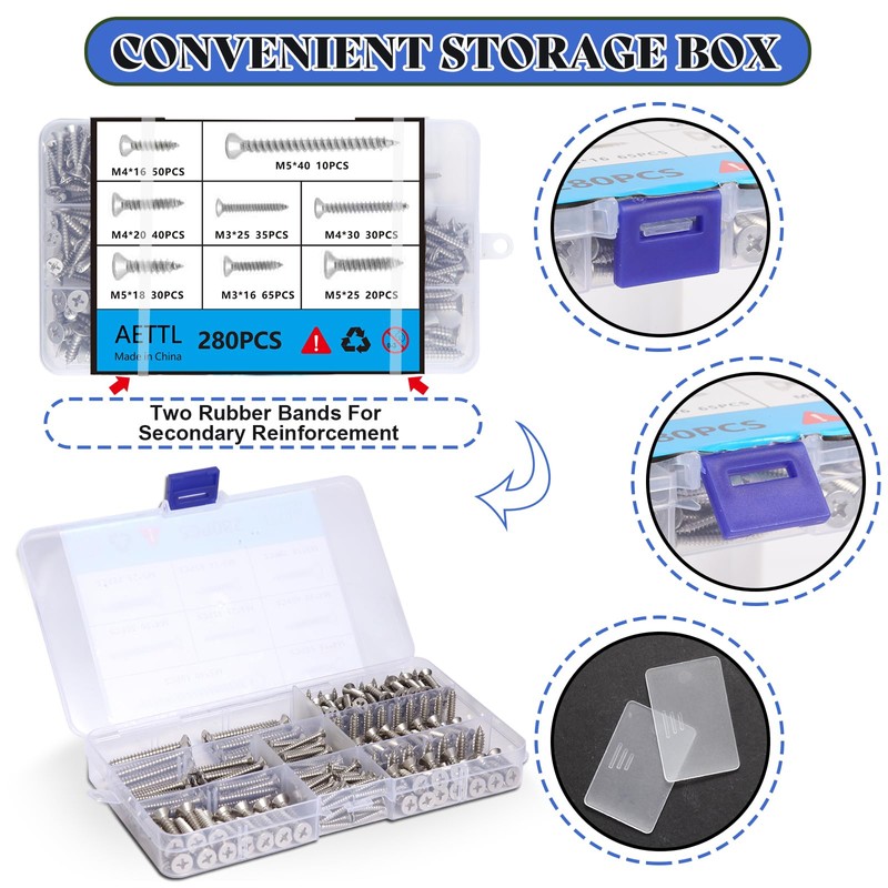 AETTL 280PCS M5 M4 M3 Wood Screws Assortment Kit, Flat