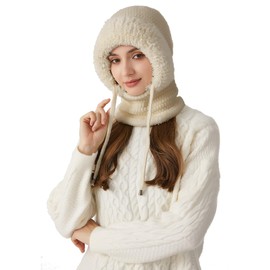 KEOYA Women's Fleece Lined One-Piece Hat Winter Windproof Face Cover Balaclava with Scarf Thermal Thick Ski Beanie Cap Cold Weather Beige M