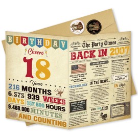 Thboxes 18th Birthday Card for Girls Boys, Happy Funny 18th Birthday Decoration for Son Daughter, Back In 2007 Retro 18 Year Old Birthday Gifts Card for Her Him, Classy Vintage, 21.5 * 28 CM