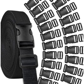 Buckles Strap Set, YGDZ 10 Yards 1 Inch Nylon Webbing Strap with 20 Set Side Release Plastic Buckles for Luggage Strap Backpack Repairing, Black