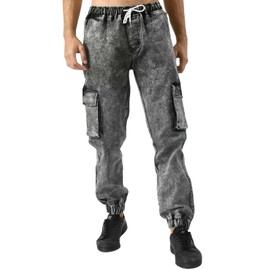 Lumiquintette Cargo Jeans for Men Drawstring Elastic Waist Tapered Jeans Fashion Comfrot Casual Cargo Pants with Flap Cargo Pockets Dark Gray
