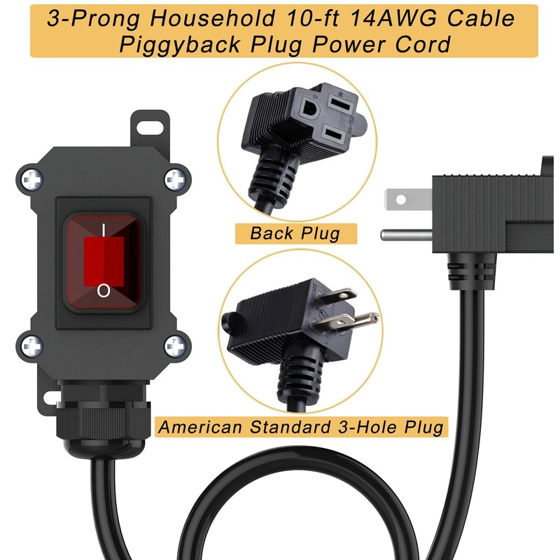 Inline Cord Switch with 10-ft 14AWG Cable Piggyback Plug(3-Pronged), IP67