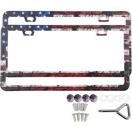 American Flag License Plate Frame Holder - 2 Pack Universal Matte Stripe US Flag Patriotic Stainless Steel Car Plate Frame Covers with Screws Fasteners Caps (Rustic)