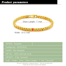 Dankadi 925 Sterling Silver Bracelet Men Women 3MM Square Rolo Link Round Box Chain 6.3" 6.7" 7" 7.5" 8" 8.5" 9" Bangle Unisex Jewelry Gift (Square Gold, 8 inches)