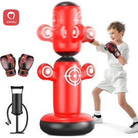 QPAU 360° Rotatable Punching Bag for Kids, Lager 64” Kids Punching Bag with Gloves, Hand Pump & 6 Targets, Bop Bag Inflatable Punching Toy, Karate Gifts for Boys, Girls Interactivity Concentration Fun Flexibility