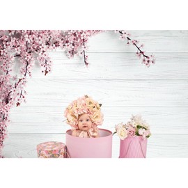Baocicco 10x8ft Valentine's Day Backdrop Countryside Rustic White Wood Plank with Wood Texture Spring Pink Blossom Peach Apricot Cherry Background Children Baby Adults Portraits Backdrop