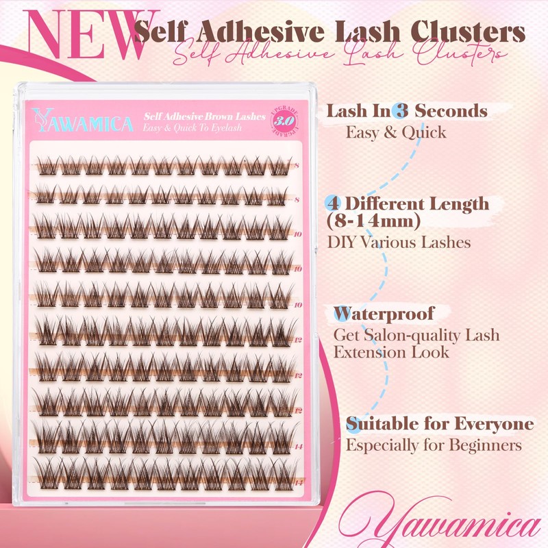 Yawamica Self Adhesive Eyelashes Brown Lash Clusters No Glue Needed