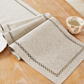 Aoztio Burlap Style Farmhouse Table Runner, 13 x 72 Inch Coffee, Rustic Geometric Hollow Table Runners 72 Inches Long for Dresser Table Everyday Use, 13x72 Inches, Coffee