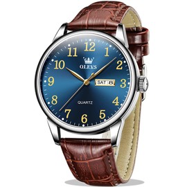 OLEVS Brown Leather Watch Men Blue Big Face Minimalist Simple Easy to Read Watches for Men Vintage Classic Business Casual Men’s Watch Day Date Analog Waterproof Extra Large Wrists Mens Watches